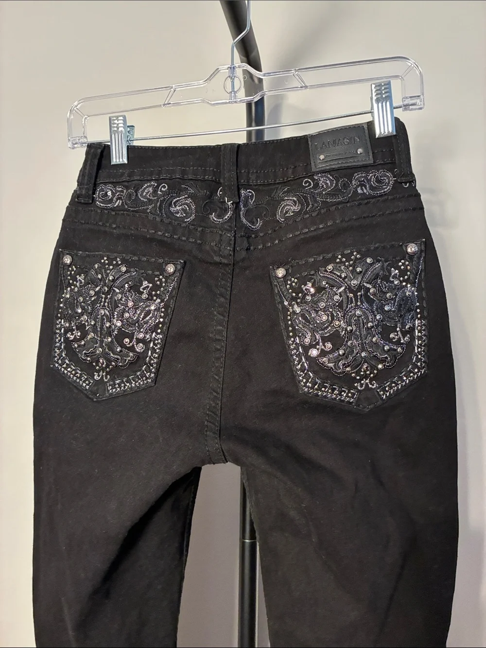 Lamasini Black Boot Cut Jeans Bling Embroidered Embellished Western Stretch Sz 3
